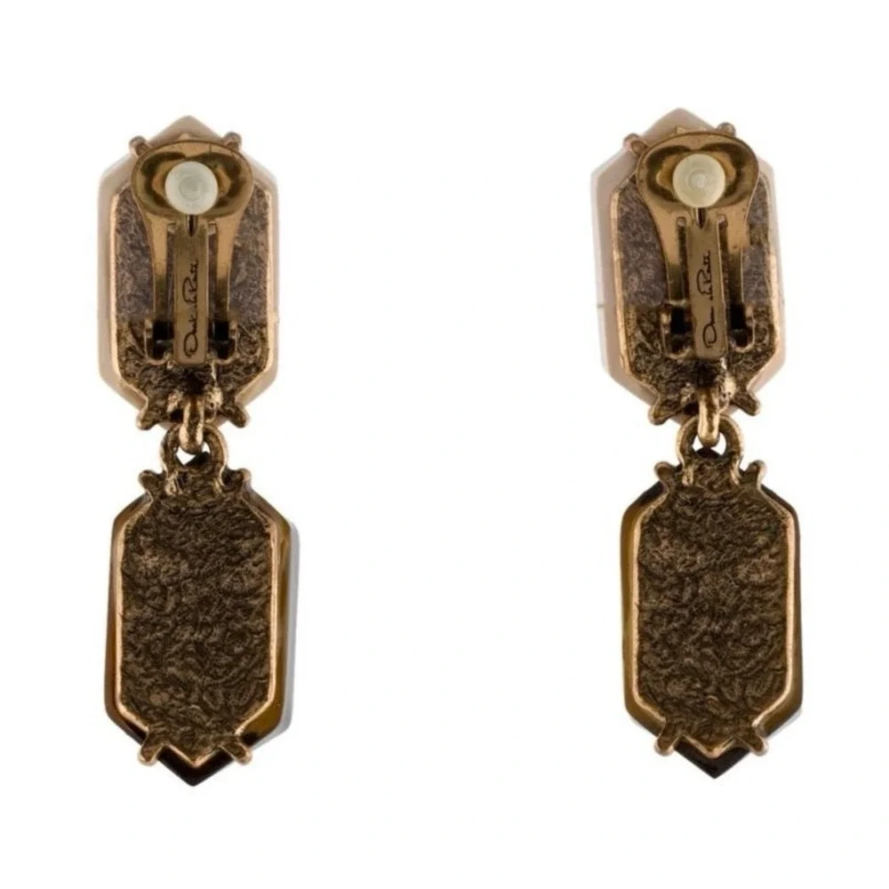 Oscar de la Renta Designer Tan Black Resin Drop Dangle Clip‎ on Earrings